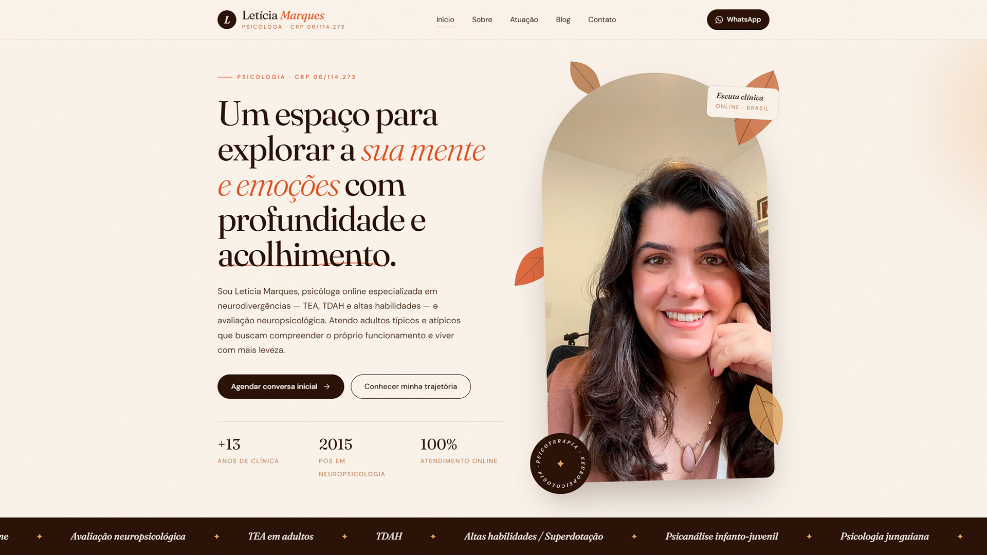 Página inicial do site de Letícia Marques